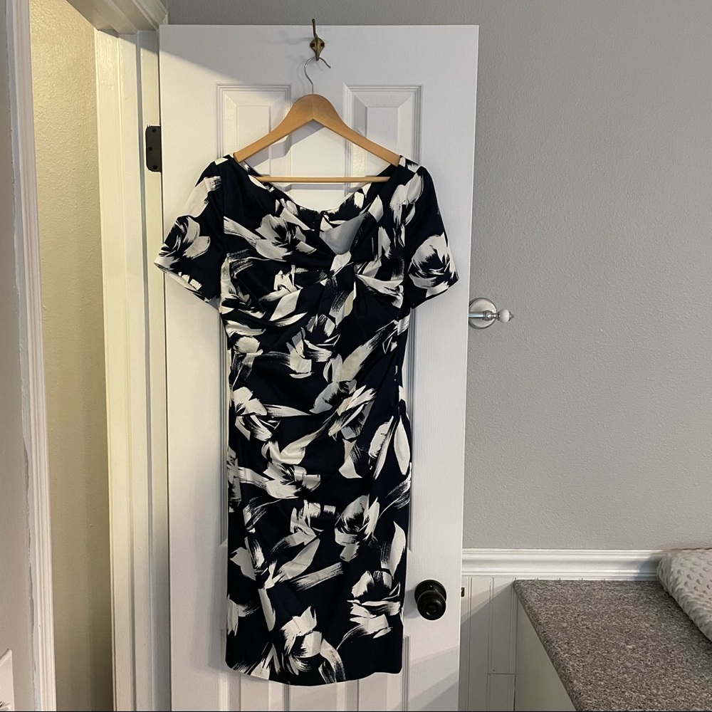 Talbot Runhof Ruched Draped Cocktail Dress Floral Navy White US 12